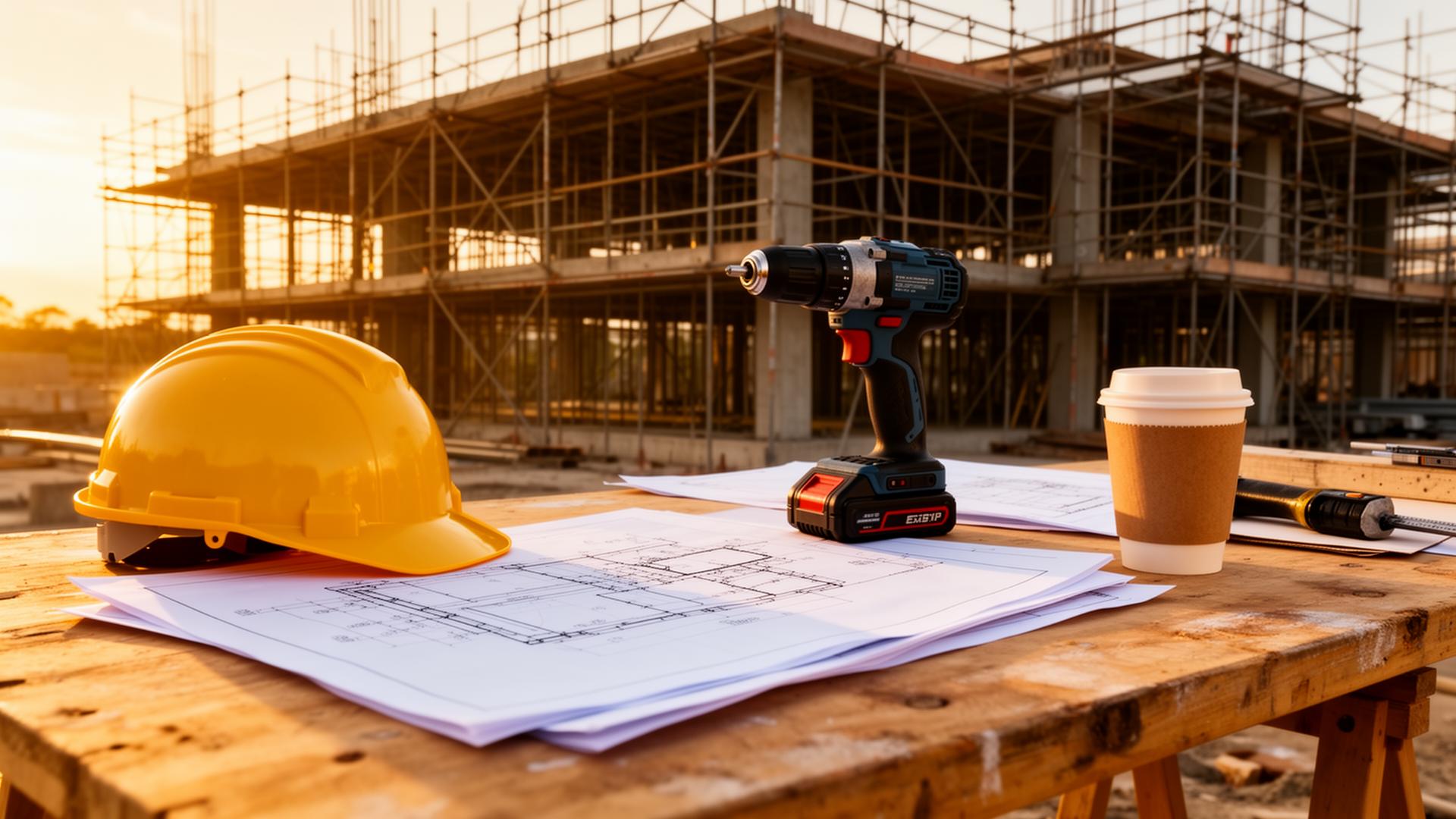 Electrical contractor workspace with hardhat, drill, blueprints and coffee — ElectraCost estimating tool background